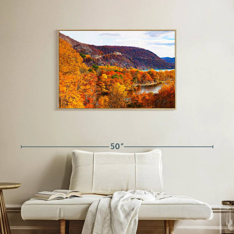 Paysage d'automne avec ours, Cadre flottant en bois naturel, 37 po x 25 po