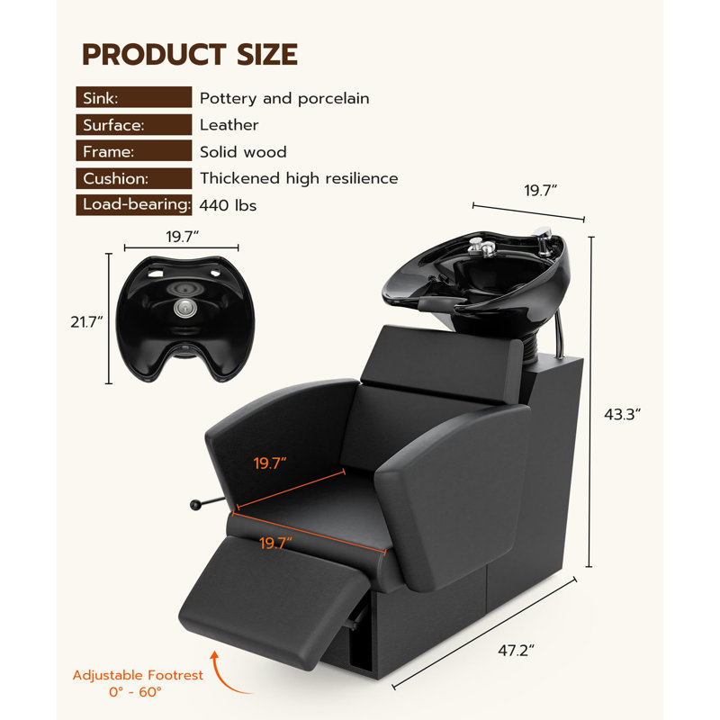 Ensemble de bac à shampooing ergonomique professionnel avec repose-jambes, station de lavage des cheveux à contre-lavage avec évier inclinable en céramique, unité complète confortable pour coiffeuse ou coiffeuse