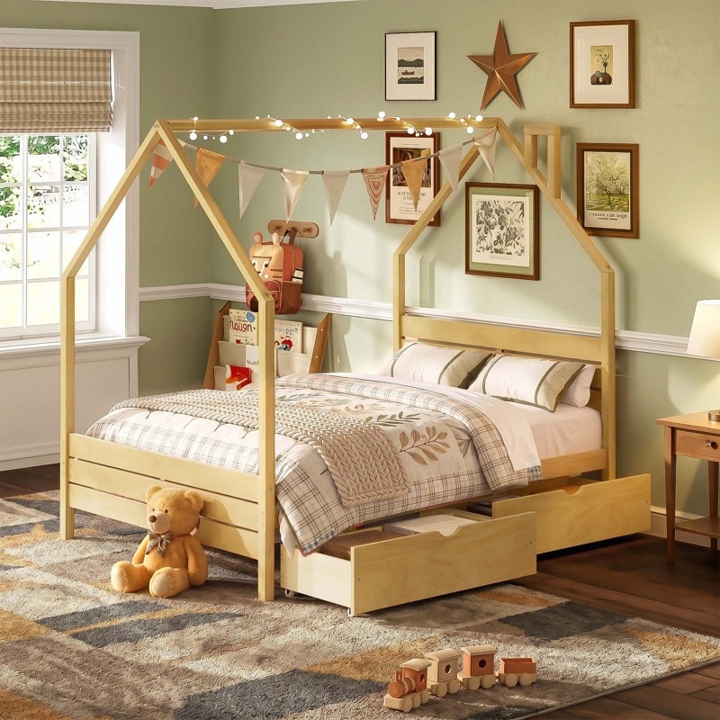 Lit avec 2 tiroirs de rangement Montessori, Full / Double, Natural