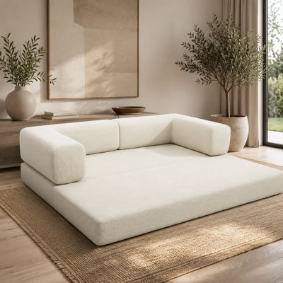 Canapé-lit double en velours côtelé beige à large compression, canapé de salon modulaire multifonctionnel en éponge pure réversible.