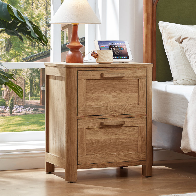 Farmhouse Nightstand With Charging Station, End Tables Bedroom With 2 Large Drawers & 4 Thickened Table Legs, Dark Wood