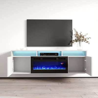 Meuble télé avec foyer flottant, blanc - Meuble audio-vidéo moderne ultrabrillant avec armoires de rangement pour téléviseur de 70 po ou moins