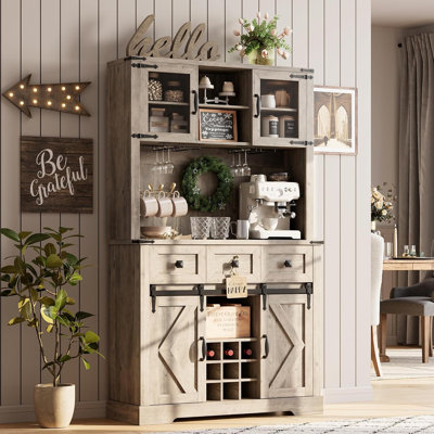72" Farmhouse Bar Cabinet with Sliding Barn Door, Hutch & Drawers, Washed Grey Finish