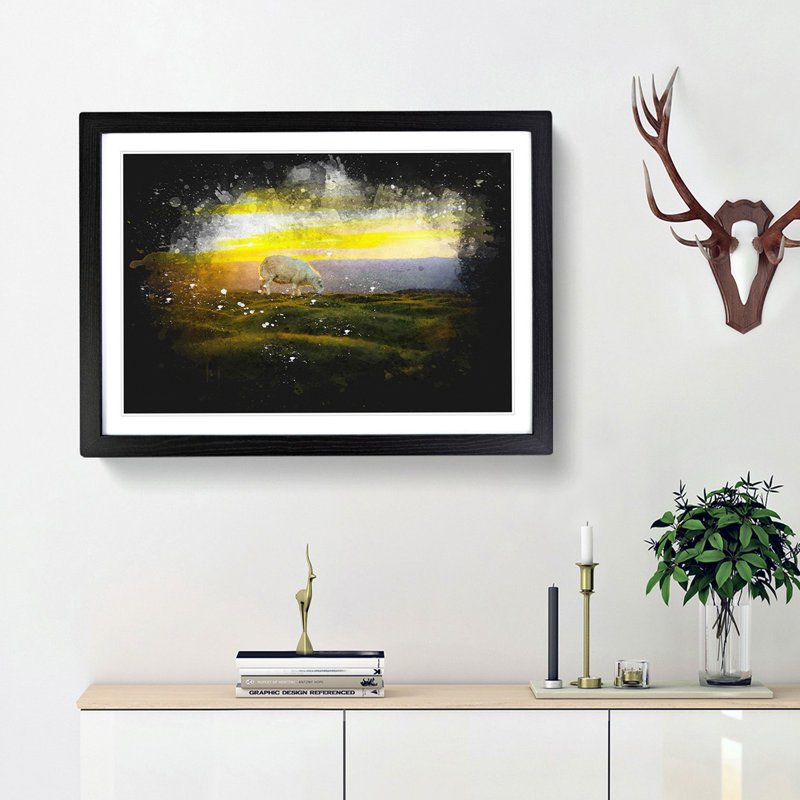Grazing Sheep At Sunset Paint Splash - Picture Frame Graphic Art, 24cm H x 33cm W x 2cm D, Black Framed