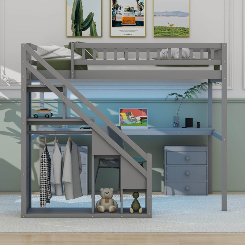  Lit mezzanine avec deux commodes, bureau et bande lumineuse, Double, gris