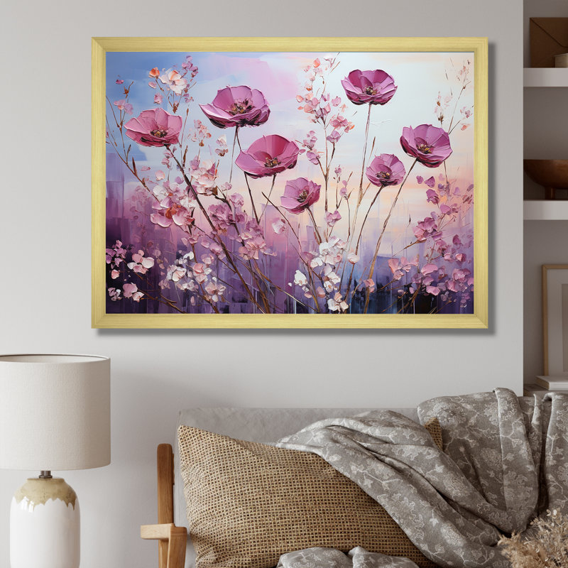 «Violet Flower Meadow Harmony II», reproduction sur toile, Cadre doré simple, H 16 po x l 32 po x P 1 po
