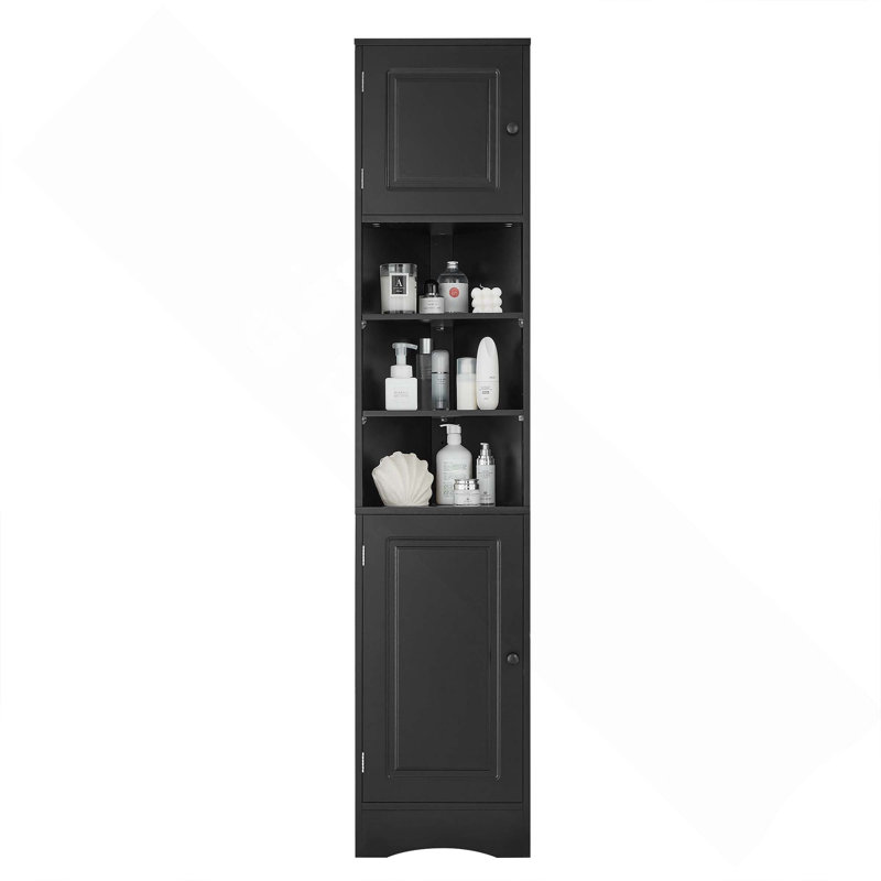 Multi-Functional Triangle Corner Tall Bathroom Storage Cabinet With 2 Doors, Adjustable Shelves & Open Shelf, Black