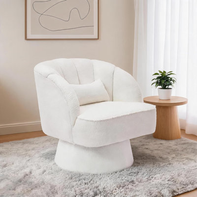 Fauteuil demi-tonneau pivotant à 360 ° Teddy en molleton avec coussin lombaire Teddy, fauteuil rembourré avec base ronde, capacité de 300 livres pour le salon, beige