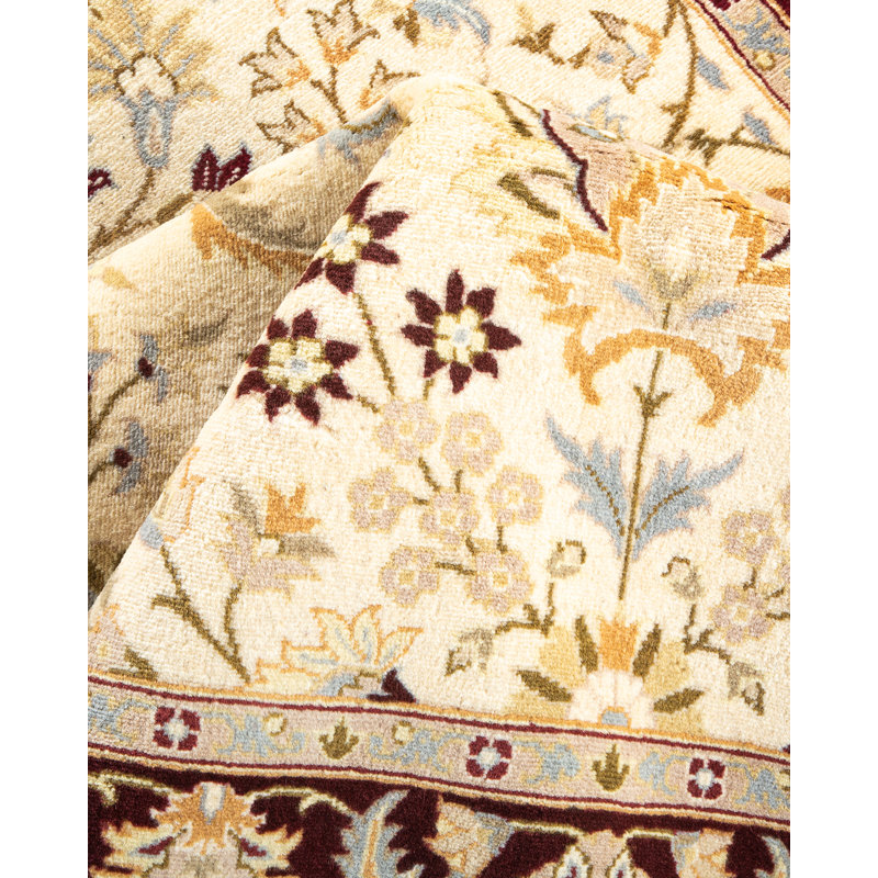 Tapis ivoire / bourgogne / jaune noué à la main de conception unique 4 pi 2 po x 6 pi 2 po Mogul