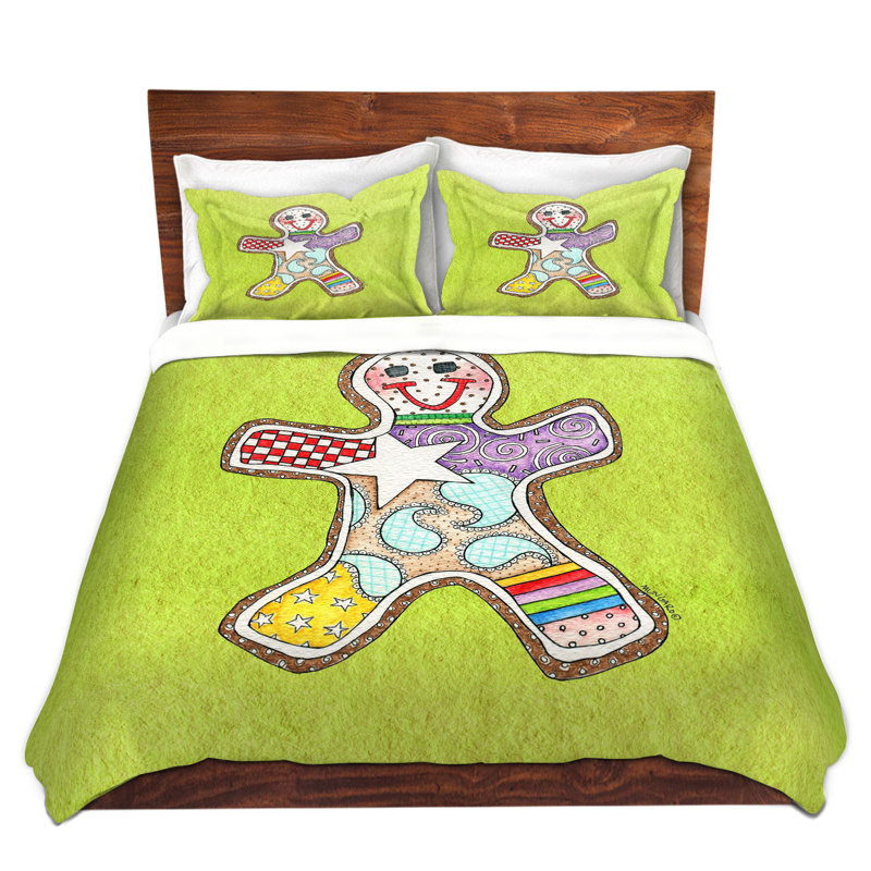 Ensemble de housse de couette pain d’épice, 1 housse simple + 1 taie standard, Vert / Gris / Blanc