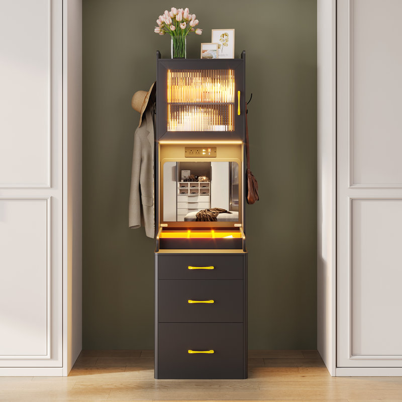 Tall Dressing Table with Motion Sensor 3-colour lighting, Foldable Cosmetic Mirror, Charging Socket,, Black