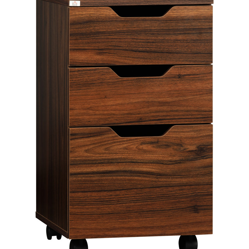 Armoire de bureau à 3 tiroirs pour le bureau, grain de bois brun, meuble de bureau à roulettes lisses, finition grain de bois, apparence rehaussée