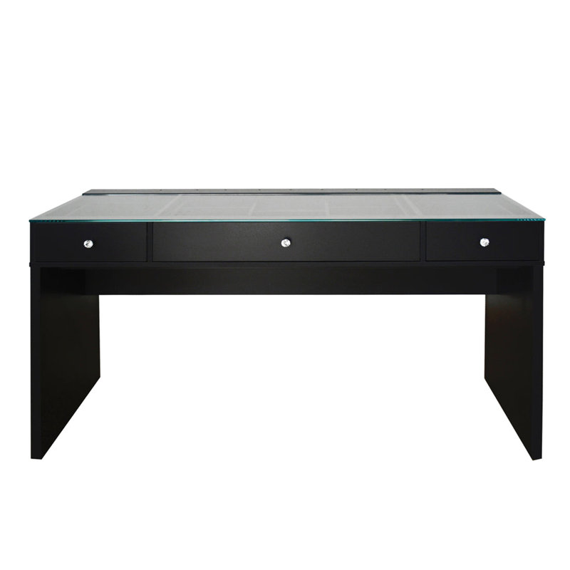 SlayStation Naomi Vanity Table with Glass Tabletop, 4 Drawer Units Bundle Makeup Desk with Clear View Glass Top, Black