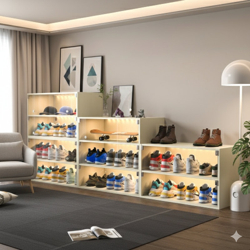 Sneaker Display And Storage Case With Off-White Glass Front And Integrated Color-Changing RGB LED Lighting
