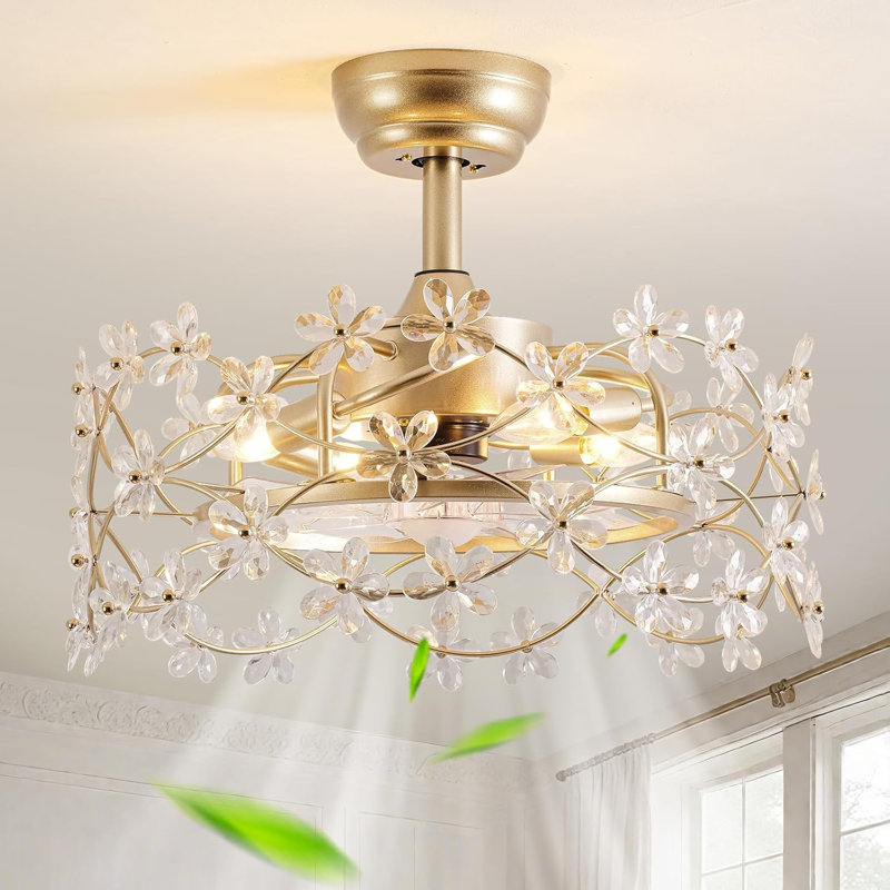 Ventilateur de plafond 20 "avec lumière Fandelier Gold, ventilateur de lustre en cristal fleur avec lumière et télécommande, cage moderne fermée à 6 vitesses pour chambre de fille, chambre de bébé, salon