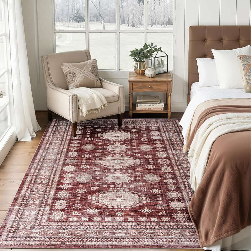 Boho Vintage Washable Area Rug - 6'x9', Non-Slip Durable Indoor Rug, Farmhouse Style, Distressed Faded Carpet for Living Room, Bedroom, Dining Room, Soft Oriental Carpet, Burgundy