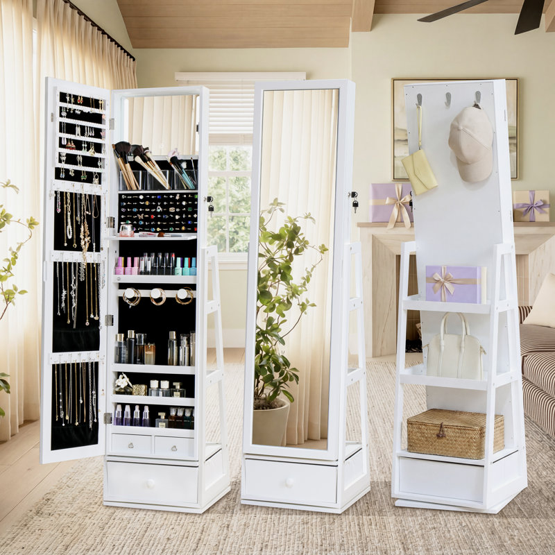 360° Rotating Jewelry Armoire with Full Length Mirror, LED Lighted Vanity Station with Foldable Shelf, White