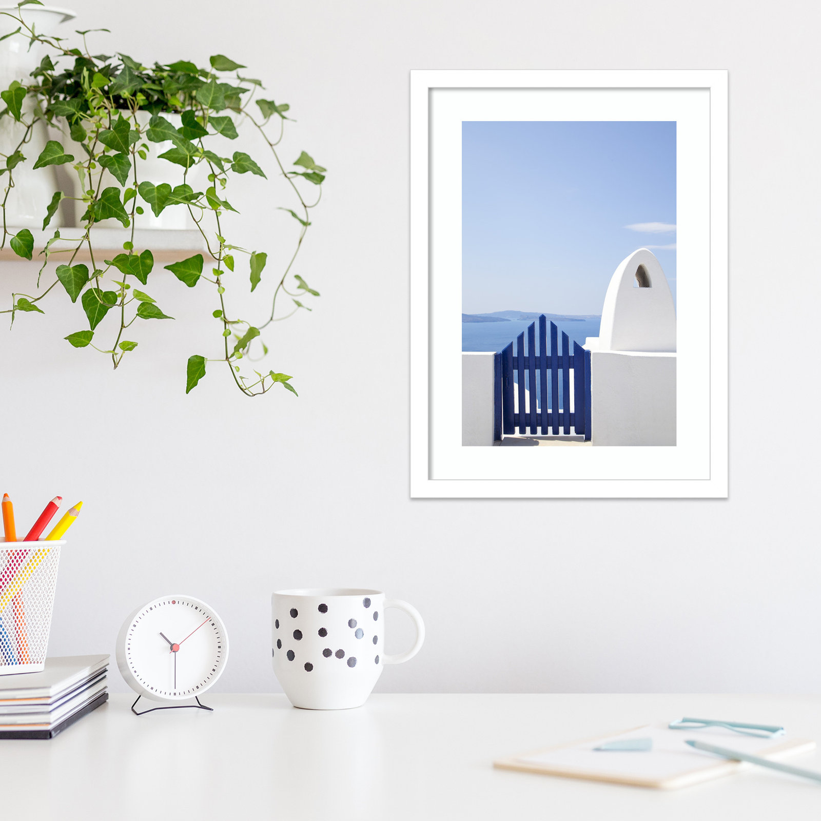 Oia Blue Fence Photo Print by Golie, White, 18" H x 14" W