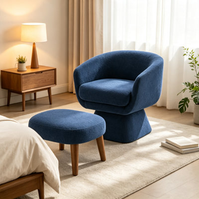 Méridienne moderne avec repose-pieds, fauteuil de loisirs rembourré en tissu bleu classique pour petits espaces