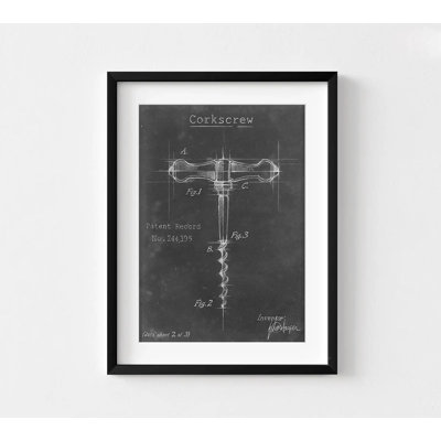 Corkscrew Art Print, Framed Corkscrew Patent Art, Sommelier Gift Print, Wine Lover Gift, Chalkboard Art Print, Framed Wall Art