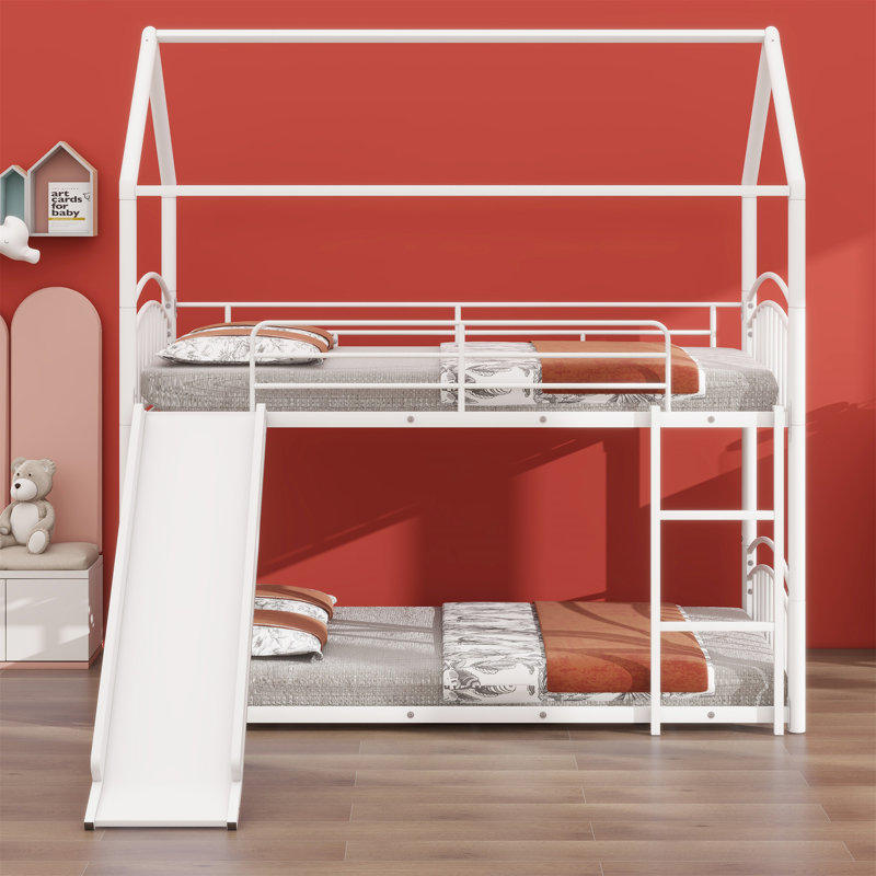 Metal House Bunk Bed With Slide, White