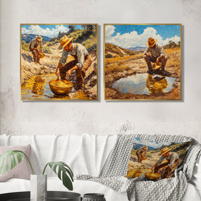 «USA California Gold Rush Cowboy I», art mural américain - ensemble d'art mural traditionnel 2 pièces
