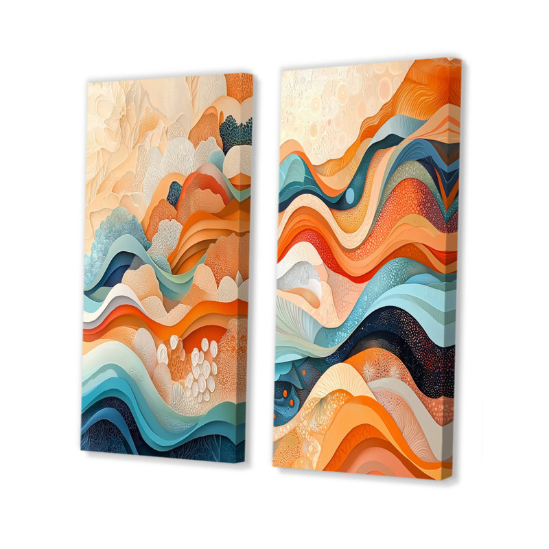 Orange transitionnel orange Spriral Oceanic Waves I - Décoration murale abstraite 2 panneaux, H 28 po x l 25 po, Toile tendue