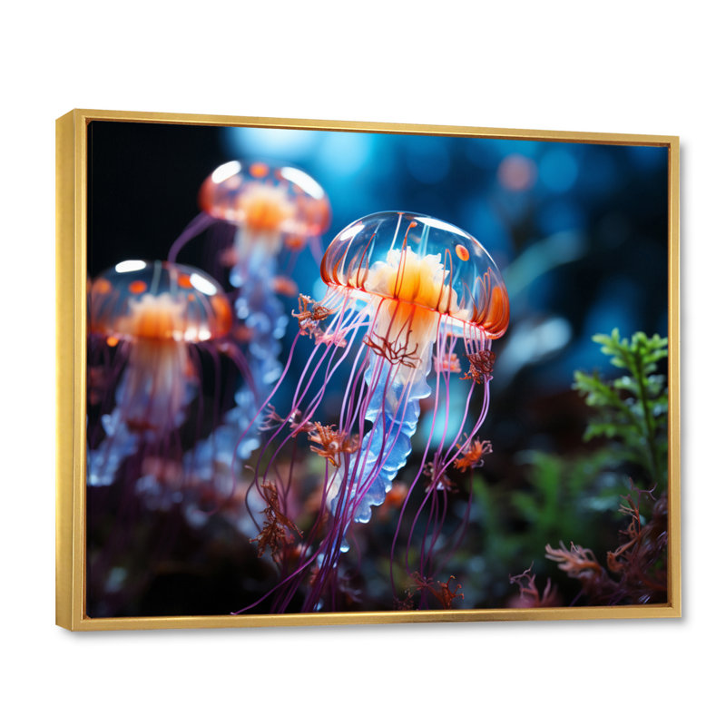 Méduse Oceans Glow V - imprimé, H 12 po x l 20 po x P 1 po, Cadre flottant doré