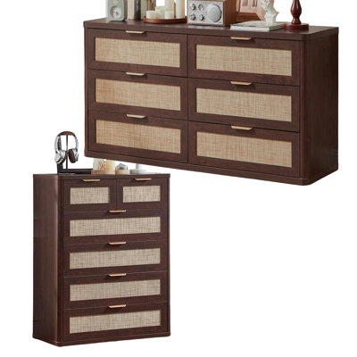 Ensemble de 2 commodes en rotin, style bohème, en bois, commode 6 tiroirs de 122 cm et commode 6 tiroirs de 107 cm, mobilier de chambre