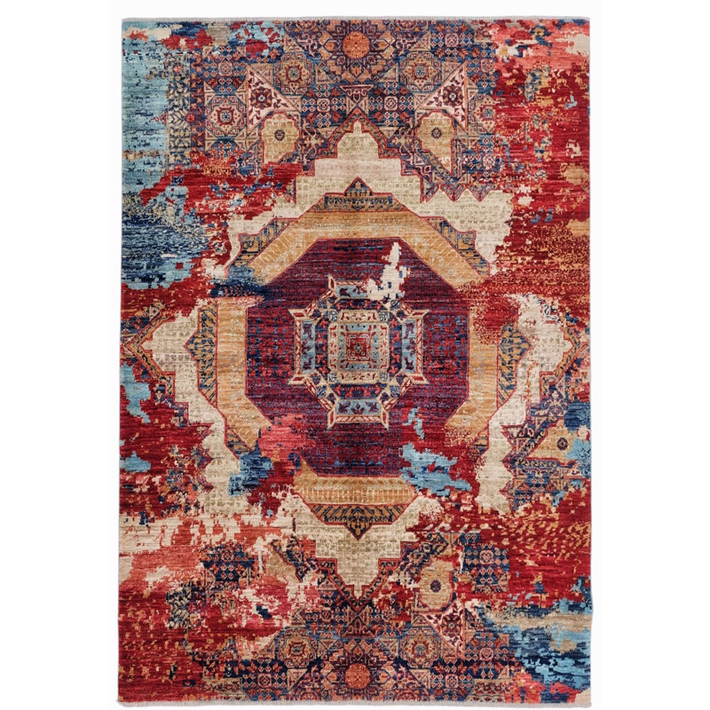 Tapis rouge et bleu marine noué à la main de haute qualité