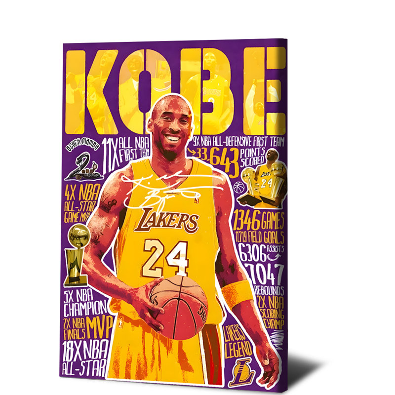 1Pcs, art mural, affiche encadrée, affiche de basketball Lakers Jersey no. 24 avec étoiles, H 8 po x l 12 po