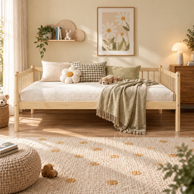 Canapé-lit moderne en pin avec barrière de sécurité à trois côtés, dix lattes de soutien et rangement sous le lit, idéal pour une chambre, une chambre d'amis ou une chambre d'enfant.