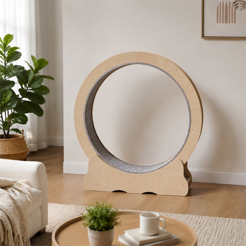 Roue d'exercice pour chat d'intérieur de 75,4 cm (29,7 pouces) en panneau de fibres, couleur bois, avec double système silencieux, large base, tapis amovible et montage facile. Convient aux chats jusqu'à 3,6 kg (8 lb).