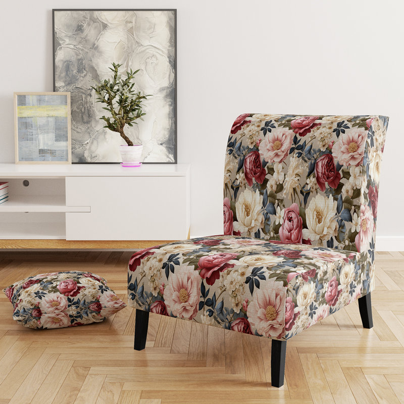 Fauteuil de chambre rembourré rose avec motif floral rose antique, Jardin de pivoines floral antique rose V