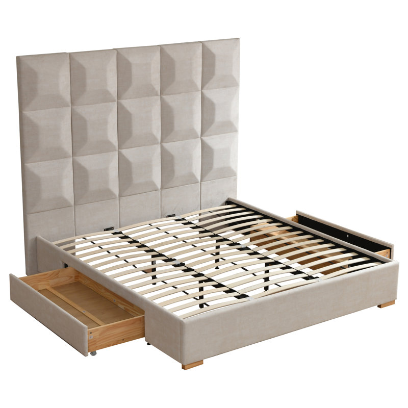 71.5″ High Headboard Upholstered Platform Bed with 2 Large Solid Wood Storage Drawers, King, Beige