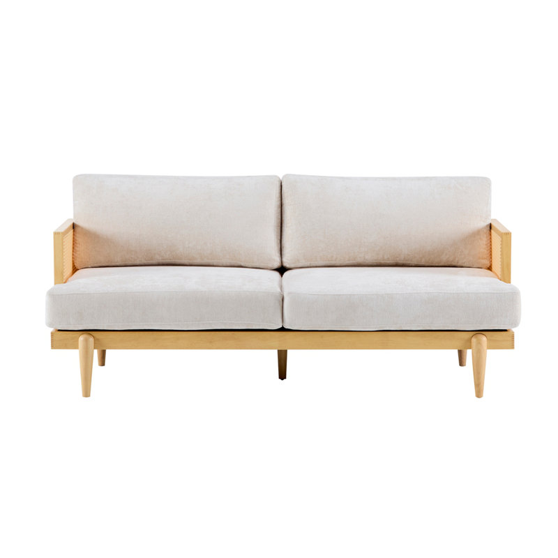 Canapé à accoudoirs carrés 72 po 3 places avec rotin canne et structure en bois, Naturel / Beige