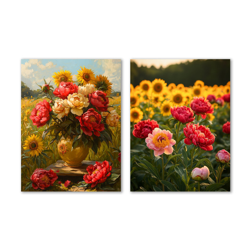 Pivoines par le champ de tournesols I - Ensemble de 2 impressions murales pivoines blanches en métal, 32" H x 48" W