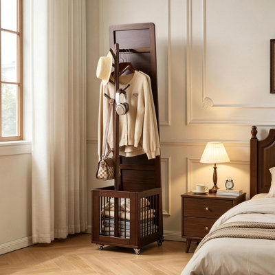 Portemanteau roulant en bois massif avec panier de rangement, support à vêtements autoportant à plusieurs crochets avec roulettes, organisateur de vêtements mobile en bois pour vestibule de vestibule