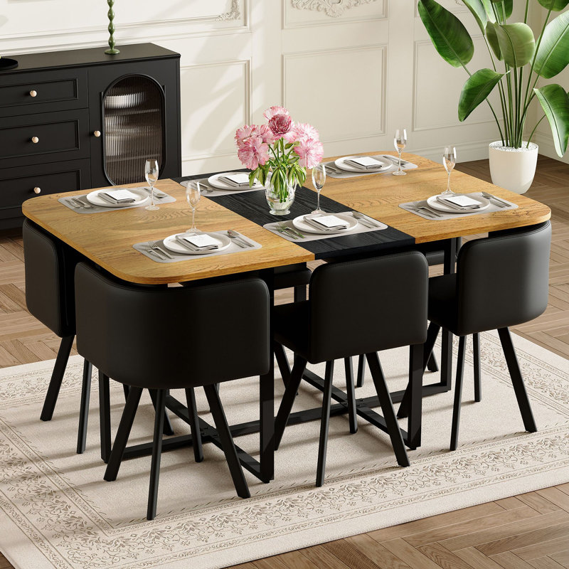 Ensemble de table de salle à manger 7 pièces rectangulaire, plateau en grain de bois et triamine avec 6 chaises en cuir PU, ensemble de table de cuisine moderne pour 6 personnes, idéal pour les petits espaces, appartement