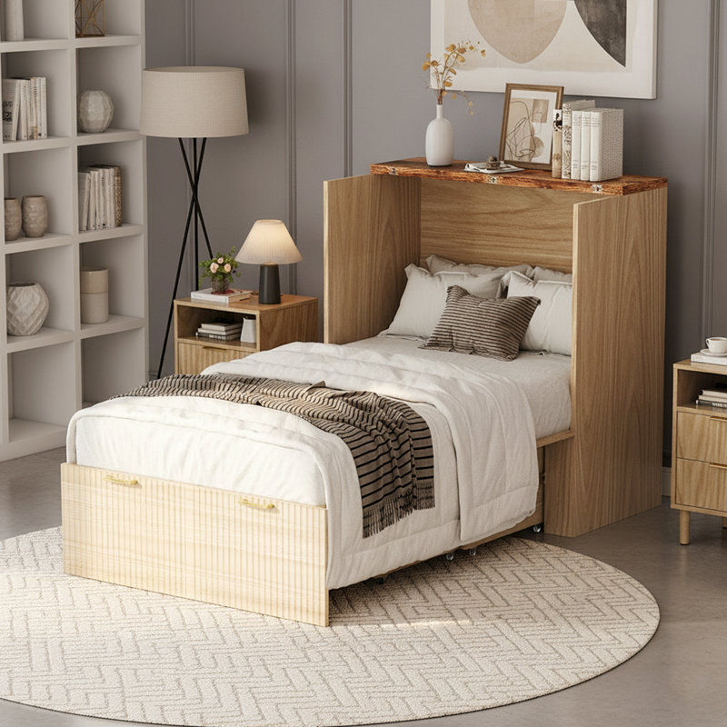 Lit simple escamotable en bois avec station de charge, tiroirs de rangement, pour petits espaces, en beige, Lit simple