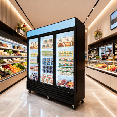 Glass Door Merchandiser Freezer, 70 Cu.Ft Swing Door Commercial Reach-In Display Refrigerator With LED Top Panel Upright Freeze Storage, Three Cabinets, Black