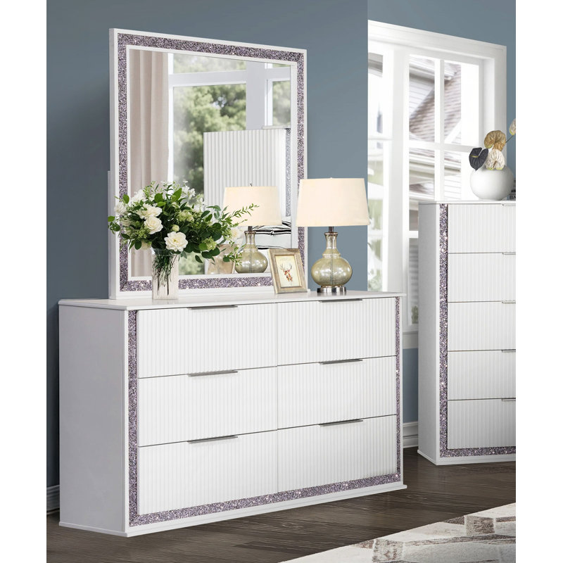 Commode 6 tiroirs avec miroir White Glam & Chic