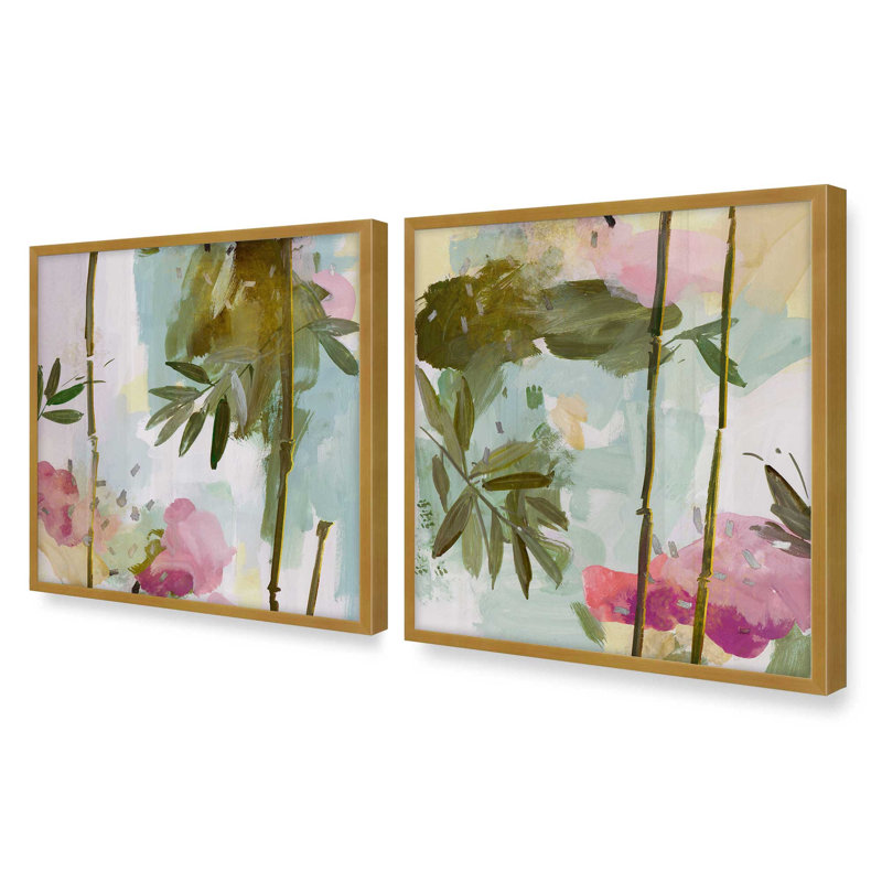 Ensemble de 2 impressions Blush Bamboo Breeze, 36 po x 36 po, Impression encadrée, Or poli