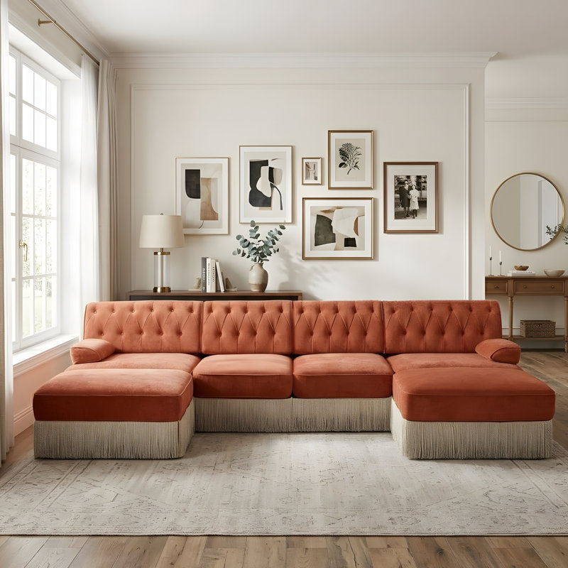 U-shaped, breathable, comfortable fringe-trimmed sofa, 34.2" H x 135.6" W x 60.3" D, Red+Brown Velvet
