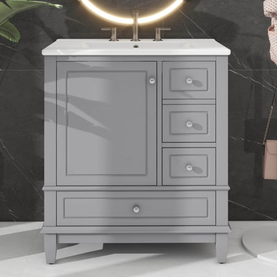 Meuble-lavabo pratique de 30 po avec lavabo - équipé d'une porte (avec tablette) et de trois tiroirs à fermeture en douceur
