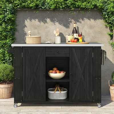 Outdoor Kitchen Island With Stainless Steel Top, Drop Leaf, 1 Drawer. Storage Cahinet With Adjustable Shelves, Towel And Spice Racks And A Bottle Opener