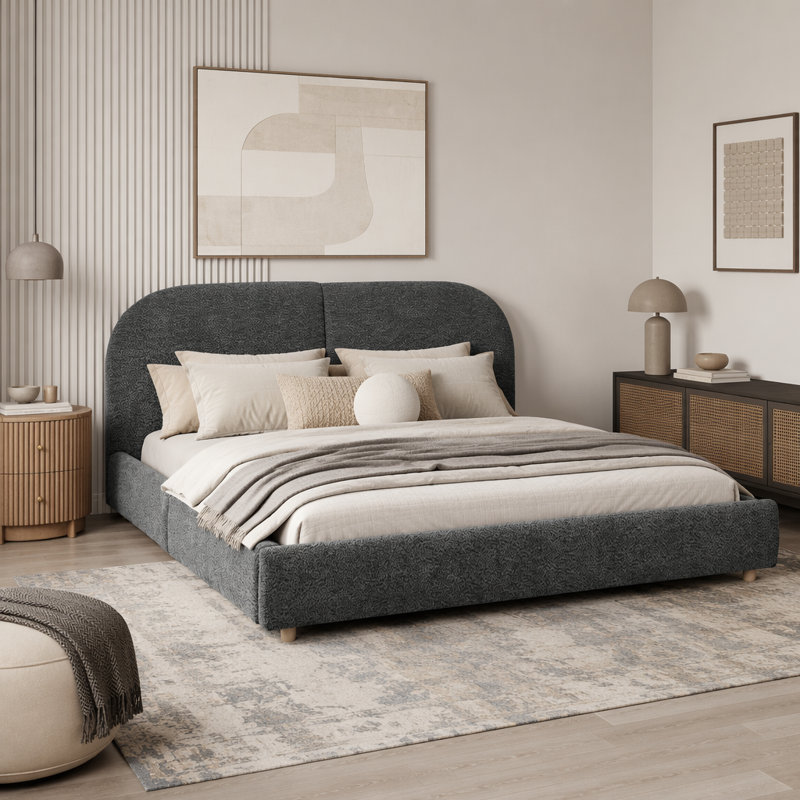 Grand lit plateforme tapissier avec tête de lit courbée et 4 tiroirs de rangement, Gris foncé