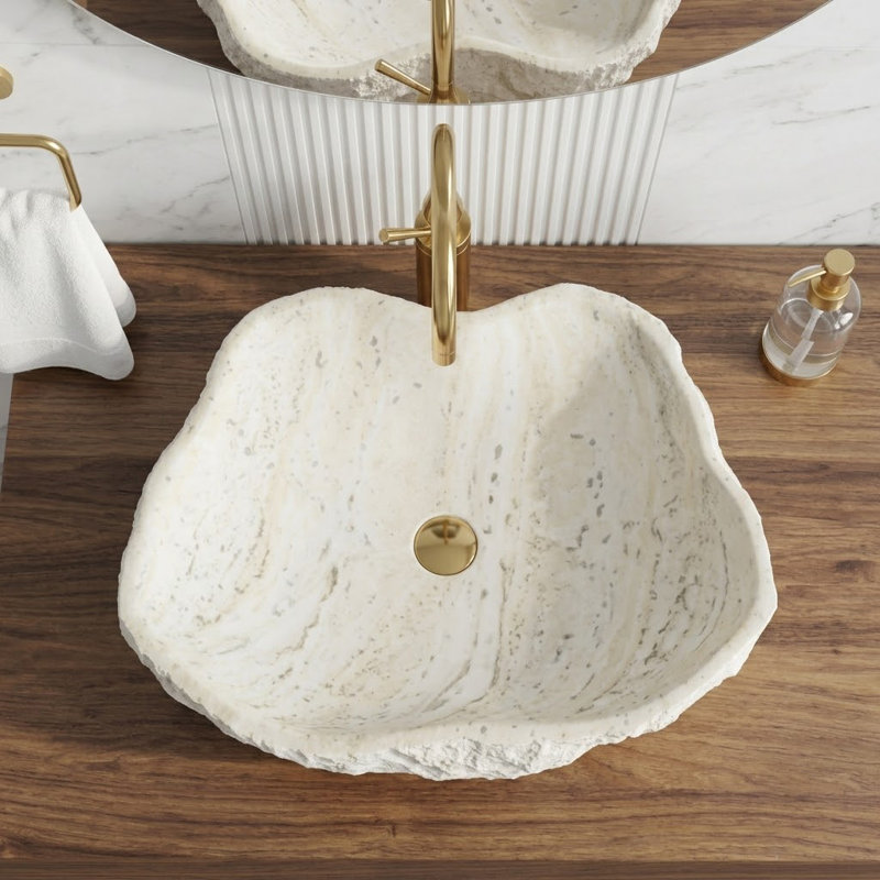 Lavabo de salle de bain vasque ovale à surface solide 19 "avec extérieur en pierre ciselée en gris et blanc moucheté