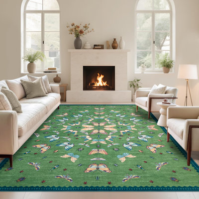 Tapis rétro, tapis de couloir antidérapant lavable à la machine, tapis doux à faible épaisseur pour le vestibule, vert, 5 pi x 7 pi