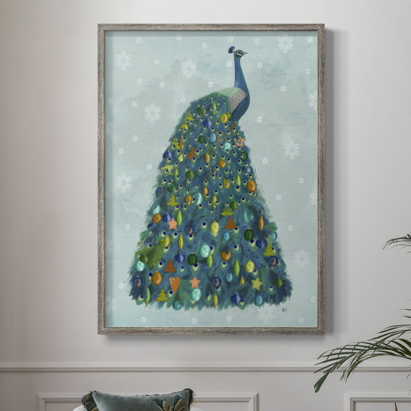 «Christmas Peacock Christmas Tree», reproduction encadrée - bois massif, H 30 po x l 24 po